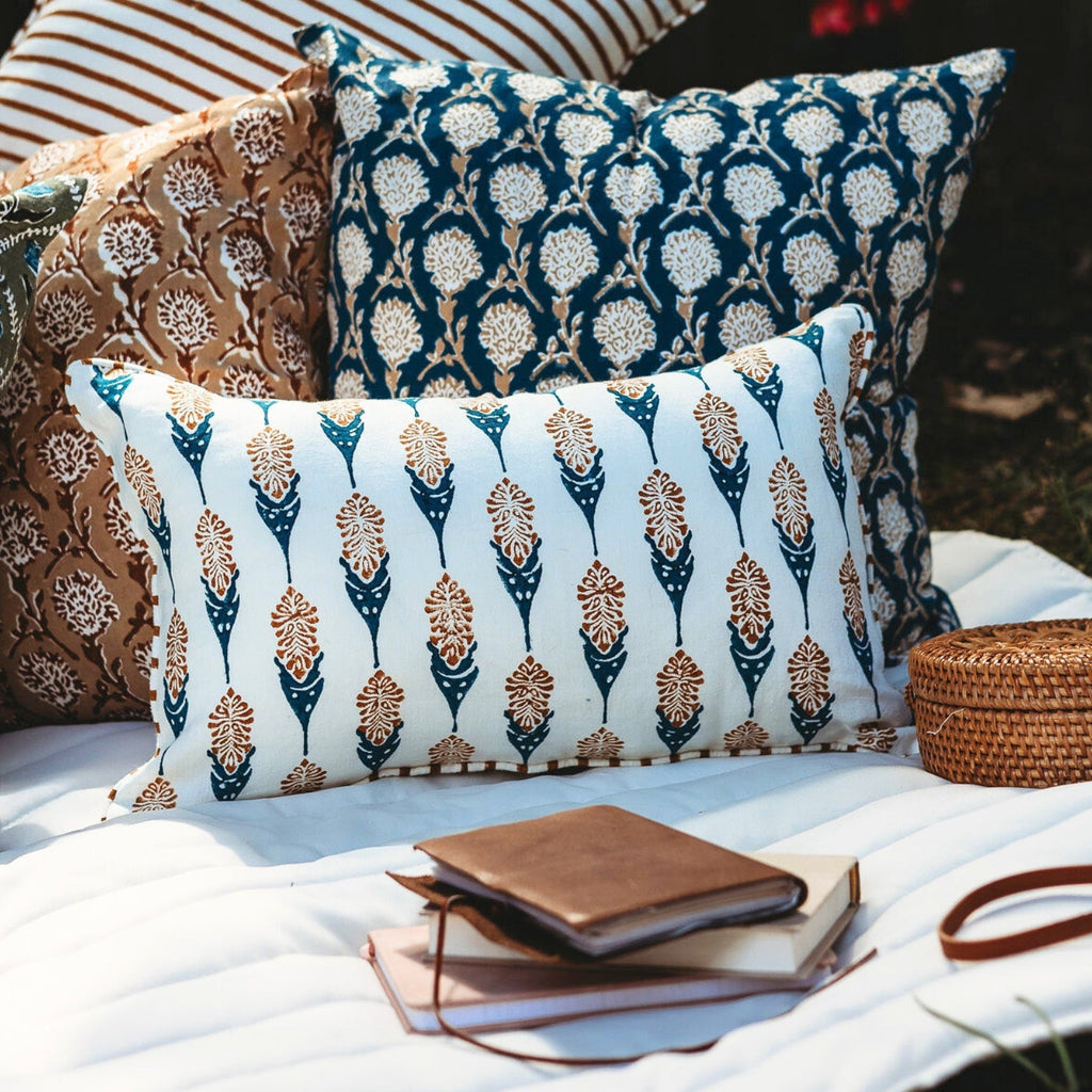 Bahaar Lumbar Throw Pillow Cover - Ginger & Blue